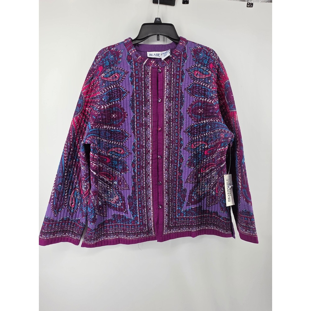 Blair Womens XL Reversible Quilted Jacket Purple Pink Paisley Medallion Cotton